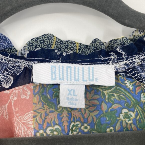 Bunulu Women's XL Mixed Print Boho Peasant Smocked Beaded Tie Front Blouse Sheer - Picture 4 of 13